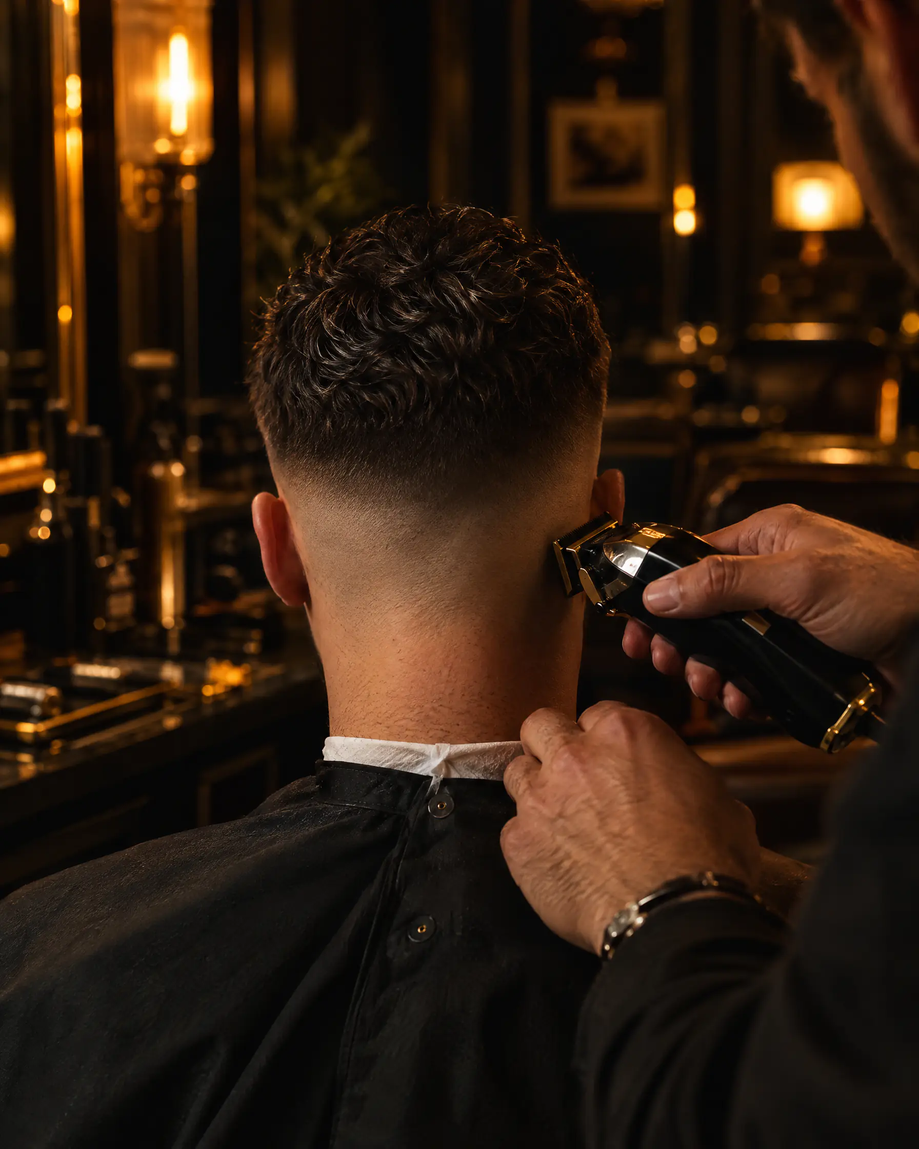 A barber tidies a skin fade at the nape of a client's neck with clippers