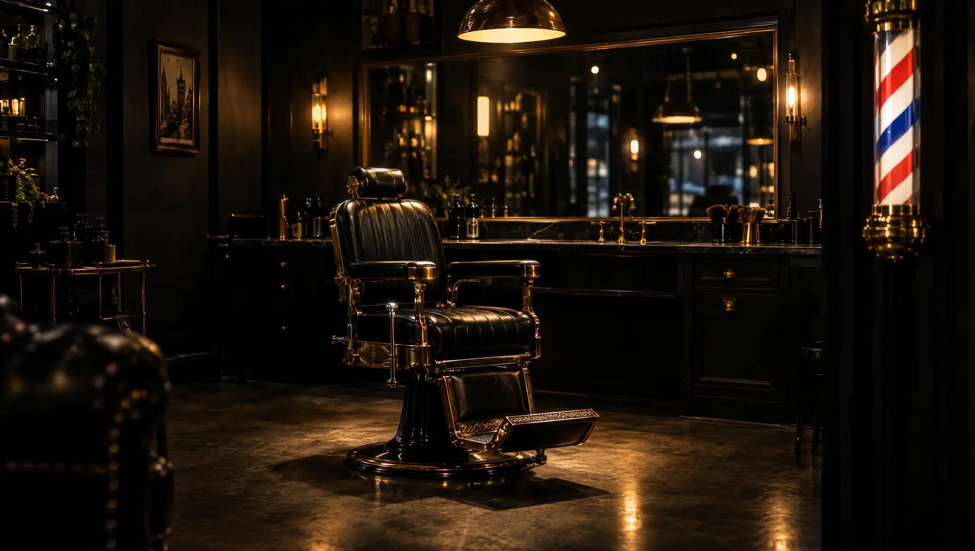 A leather barber's chair under a warm lamp in a dark wood and brass barbershop, a lit barber pole by the door