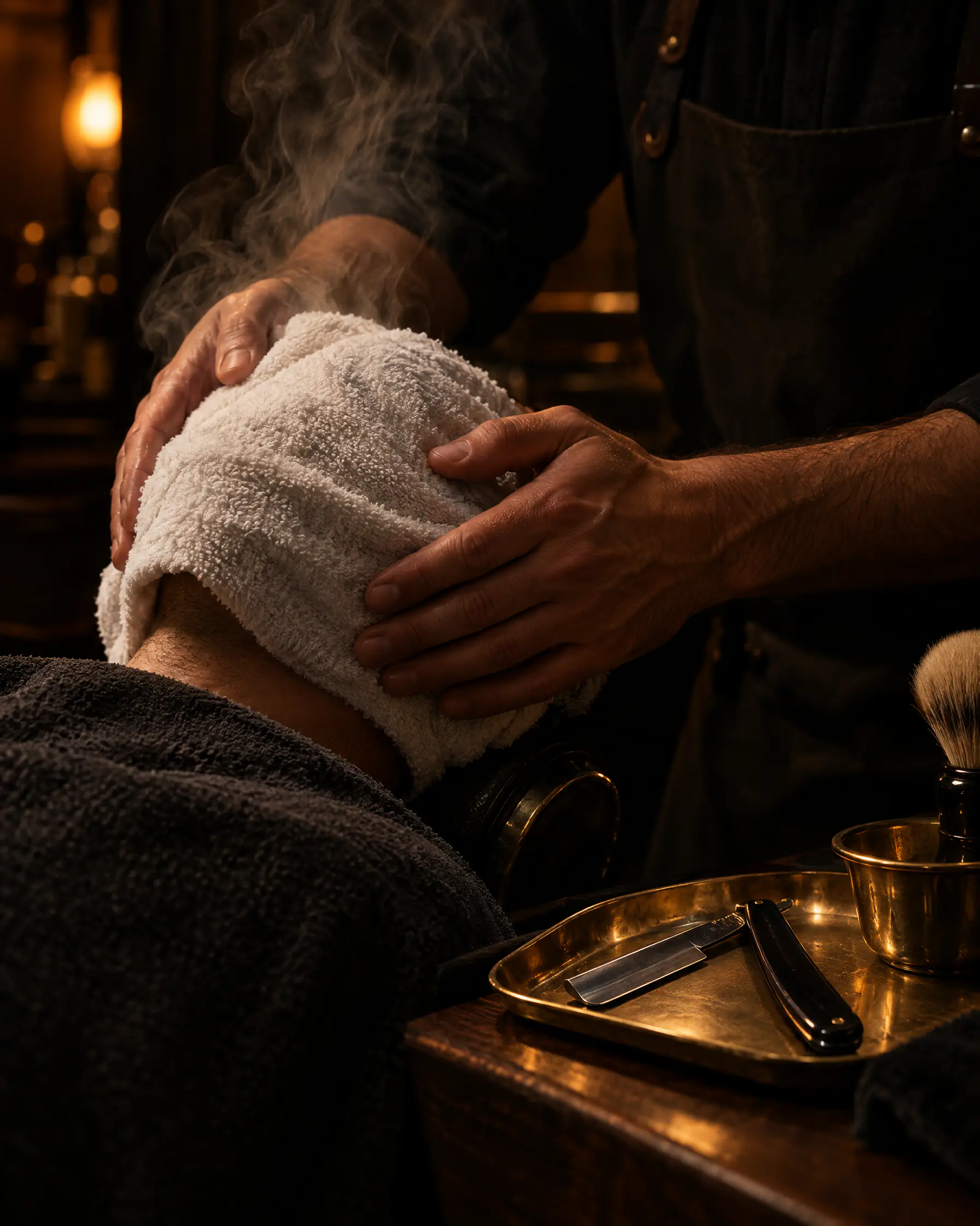A barber lays a steaming hot towel over a client's face, a shaving brush and razor on a brass tray beside him
