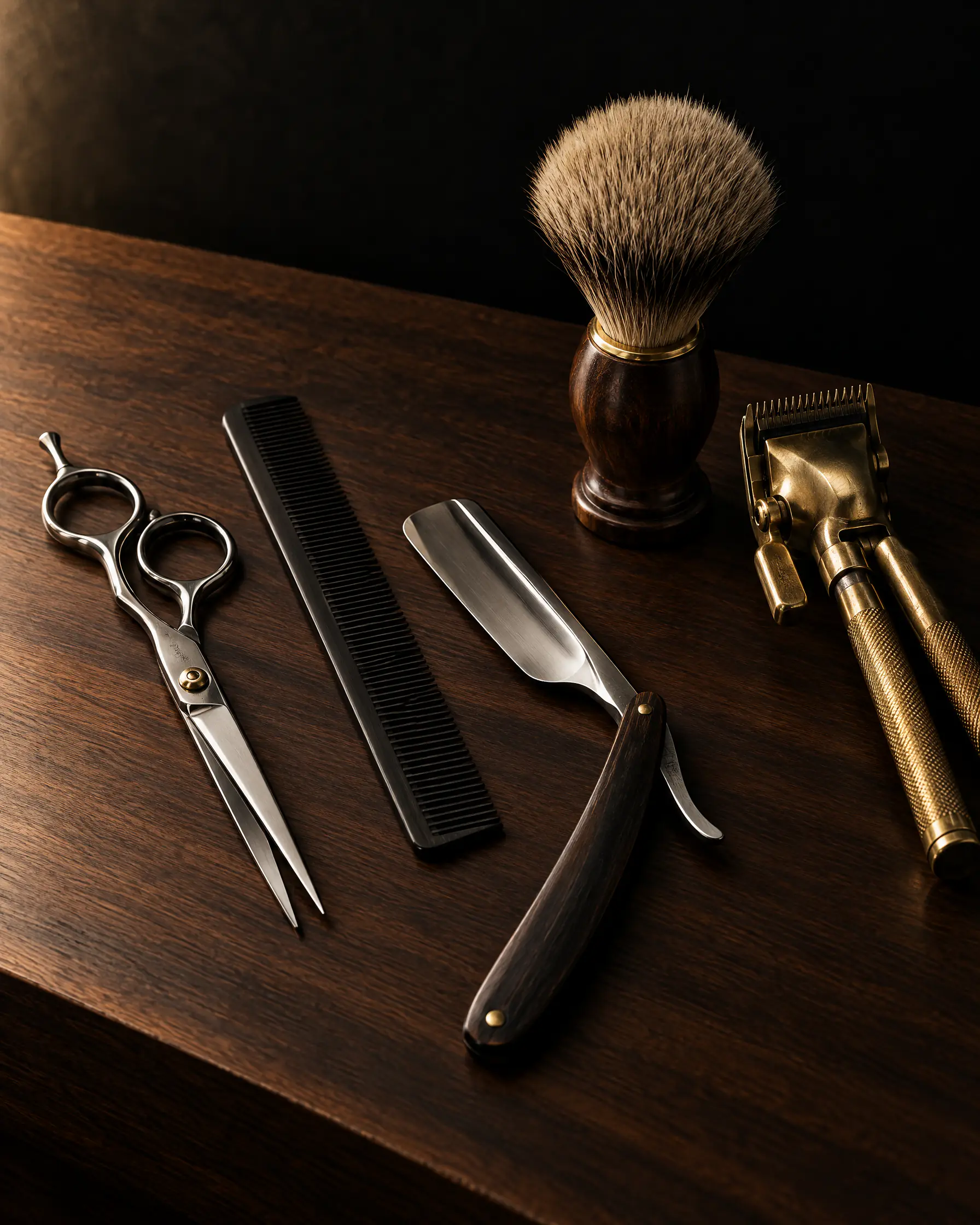 Scissors, a comb, a straight razor, a shaving brush and brass clippers laid out on a walnut counter